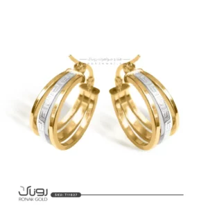گوشواره حلقه‌ای طلای دو رنگ با طراحی سه حلقه‌ای و حکاکی‌های ظریف